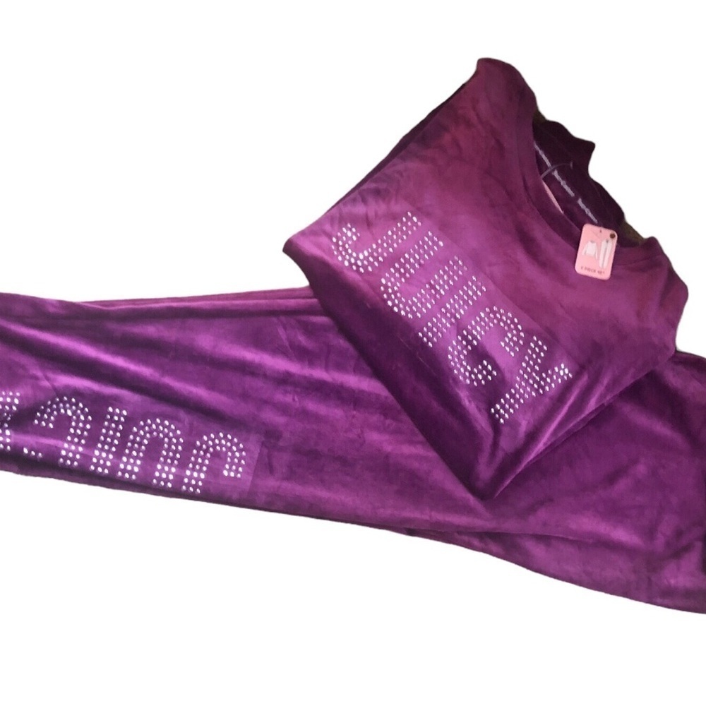 Juicy Couture Soft Velvet Bling Top & Jogger Lounge Set Sz L Purple Embellished - Picture 4 of 7